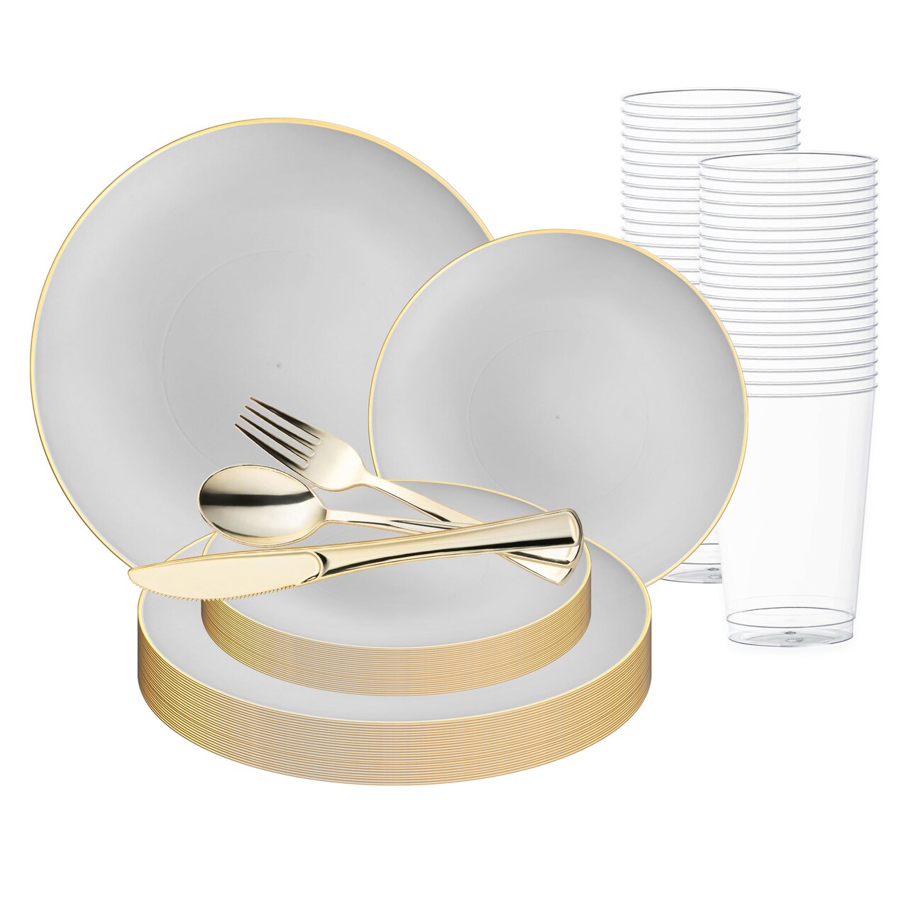 Gray with Gold Organic Round Disposable Plastic Wedding Value Set (120 Settings)